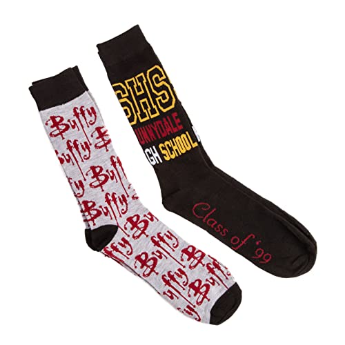 Hypnotic Hats Buffy the Vampire Slayer 2 Pack Adult Socks - Sunnydale High and Logo Design Crew Length Socks - Black/Grey (Size 6-12, Two Pairs)