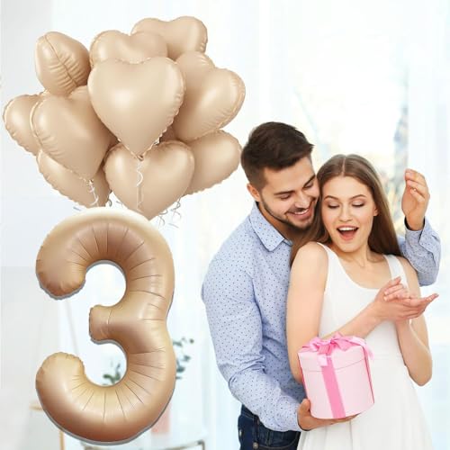 Image of Solid Beige 3 Number Foil Balloons 32 inch 3rd Birthday Party Decoration Helium Supported