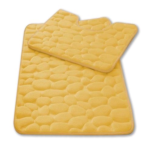 GC GAVENO CAVAILIA Pebble Stone Bath Mat Non Slip | 2Piece Memory Foam Bath Mat Set Washable Rug Super Absorbent Shower Pedestal Mat | Quick Dry Bathroom Toilet Mat Sets BathMat, Ochre