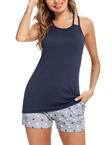Litherday Pijamas Mujer Verano Sin Manga Pijama Corto Mujer Conjunto de Pijama para Mujer de Algodón Ropa de Dormir Suave Loungewear 2 Piezas, Azul Oscuro, L Cover
