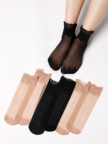 Image of OYOANGLE Women's 8 Pairs Mesh Lace Socks Lightweight Transparent Novelty Crew Socks Black Beige One Size