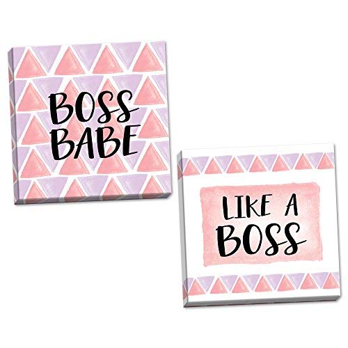 Leoner22art Sagebrush Fine Art Watercolor Style Pink and Purple Boss Babe and Like A Boss Triangle Pattern Set, Two 8x10 inches Wood Stretched Canvas