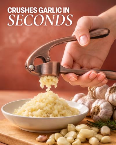 Image of Zulay Kitchen Premium Garlic Press Set - Rust Proof Professional Garlic Mincer Tool - Easy-Squeeze, Easy-Clean with Soft, Ergonomic Handle - Silicone Garlic Peeler & Brush (Copper)