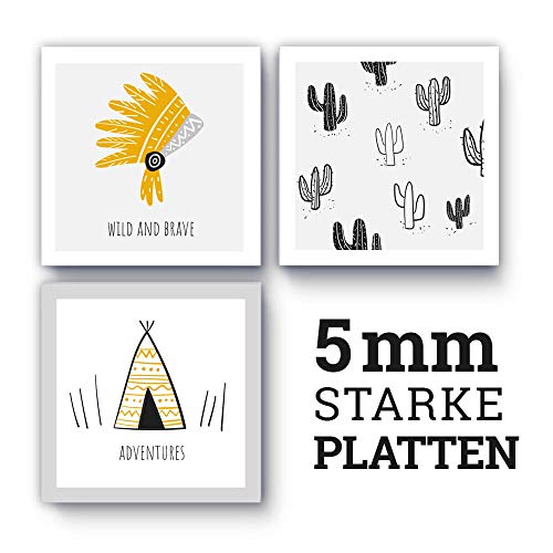 Wild West Wüste 3x 3D-Poster, Poster für Kinderzimmer, Kinderposter, Babyzimmer, Baby Bilder, Wandbild, Dekoration, Wanddeko 20 x 20 cm (senf-farben)