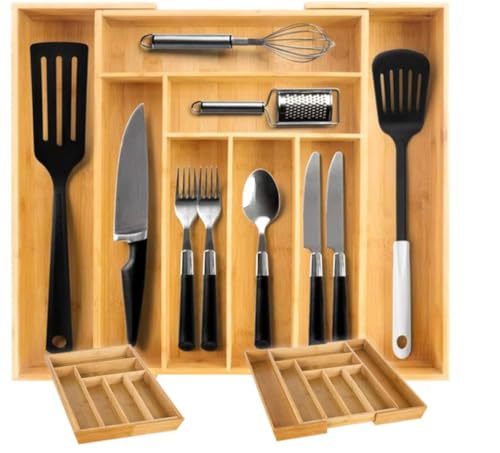 ARTICCO Organizador de Cubiertos de Bambú Extensible .Cubertero de Madera Natural con 6 a 8 Compartimentos – Bandeja para Cajón de Cocina,Organización cajon flexible (33,5–50 x45,5 x 5 cm)