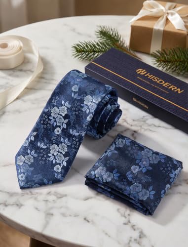 HISDERN Men Floral Ties Woven Classic 3.4" Necktie Set Formal Tie Pocket Square for Wedding with Handkerchief Gift Box - Image 5