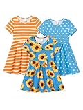 PATPAT Girl Sunflower Dress 3-Pack, Short Sleeve Cotton Skater Dresses with Stripe & Polka Dot Patterns, Summer Essentials for Girls 7–8 Years