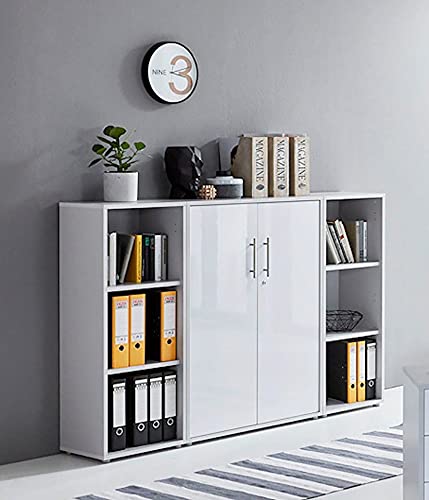Schrankwand Office Edition abschliessbarer Aktenschrank Büroschrank Büromöbel Regal in Lichtgrau/Weiß Hochglanz (Set 2)