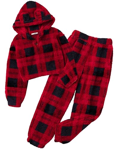 Image of Arshiner Girls 2 Piece Outfits Sweatsuit Fuzzy Long Sleeve Bear Ear Hoodie Sweatshirt and Sweatpant Kids Clothing Sets