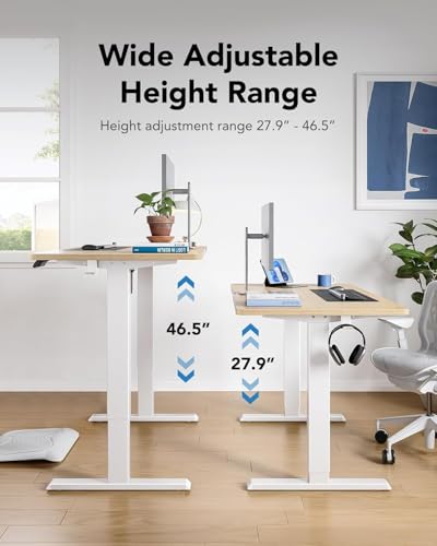 HUANUO 55" x 24" Electric Standing Desk Adjustable Height, 4 Memory Height Settings, Headphone Hook, Cable Manager, Sit Stand Up Desk for Home Office & Computer Workstation, Natural