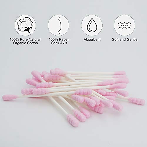 Image of Pink Cotton Swabs Spiral - 400 Count Organic Cotton Buds Double Side Tightly Wrapped Cotton Tips Paper Stick Soft Gentle Lint-Free Cruelty-Free, Round & Spiral (Pink)