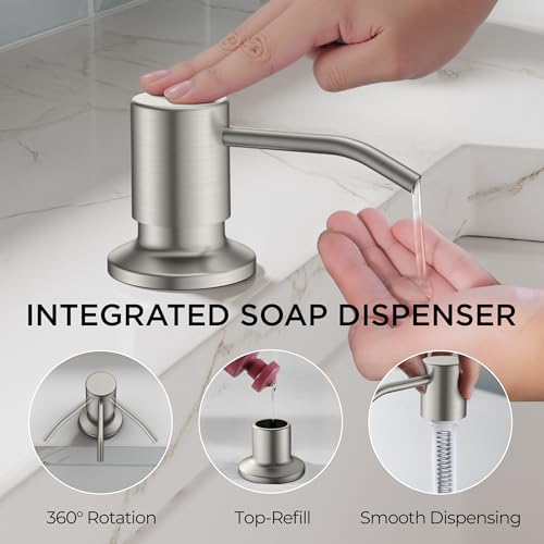 Image of FORIOUS Kitchen Faucet with Pull Down Sprayer, Modern Single Hole Kitchen Sink Faucet with Soap Dispenser, Deck Plate, Brushed Nickel Single Handle, High Arc Stainless Steel for RV Farmhouse Laundry
