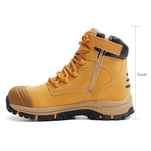 Image of Waterproof Steel Toe Work Boots for Men, 7 inch Safety Boots with Side Zipper, ASTM F2413-18 Rated, Slip Resistant Rubber Sole, Puncture-Proof Kevlar Midsole Construction Boots (OX2721)