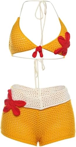 VCM Bikini Sets for Women 2 Pieces Crochet 3D Floral Halter Tie Back Swimwear Bathing Suit Beach Vacation Outfits3