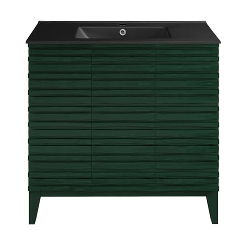 Image of Swiss Madison Cascade 36 inch Freestanding Bathroom Vanity in Green Oak with Black Sink Top