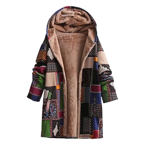 Vhersily Abrigo de invierno para mujer con capucha, estilo étnico, chaqueta gruesa de forro polar, cálida sudadera con botones abiertos frontales, boucle Business clásica suave cómoda para cenar, boda
