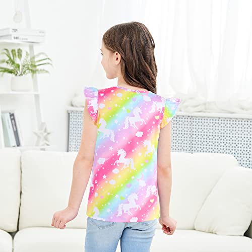 Image of JESKIDS Girls Short Sleeve Shirts Ruffle Tie Front Unicorn /Tie Dye Print Summer Tee Tank Tops 3-11 Years