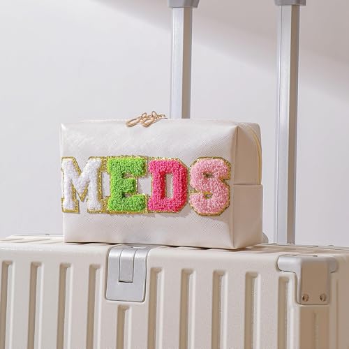 Cute Chenille Letter Patch Medicine Makeup Bag, PU Leather Waterproof MEDS Cosmetic Bag with Zipper, Travel Toiletry MEDS Pouch, Daily Use Portable Organizer Makeup Bag (01Beige Bag)4