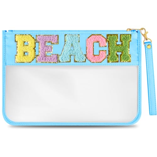 Morcheiong Chenille Letter Bag Cute Clear Zipper Stuff Pouch Portable Multi-purpose PVC and Nylon Makeup Bag with Handle for Travel Gym BeachCyan Beach