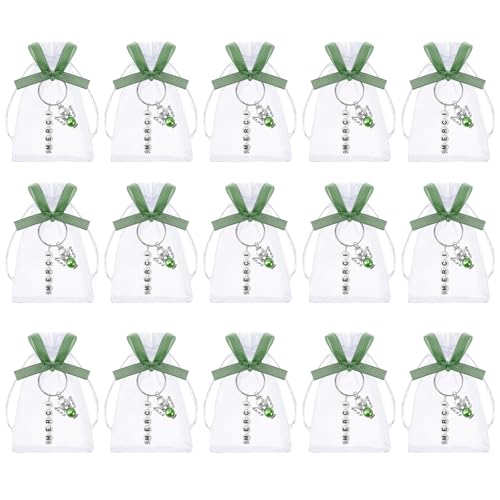 15 pièces porte-clé ange gardien vert sauge avec pendentif merci et sachet organza, cadeau invité mariage, cadeau bapteme, souvenir communion, idéal pour...