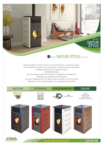 JOIMA - Estufa de Pellets sin electricidad modelo NATUR STYLE 8 kW. Funciona sin Conexion a la red Eléctrica. Color Negro - imagen 3