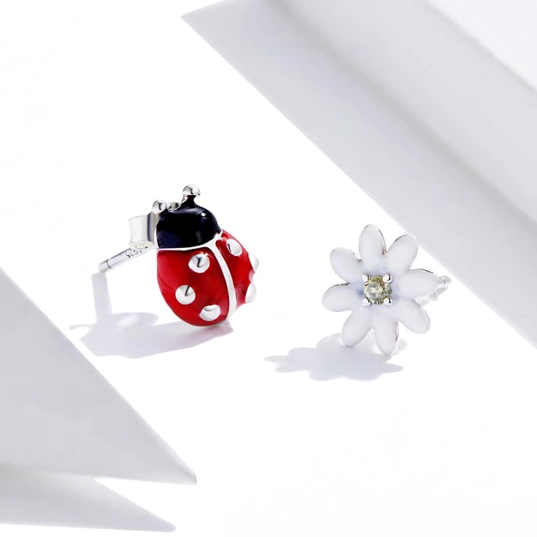 Qings Orecchino Fiore Coccinella Donna in Argento Sterling 925 Orecchino Animale Fiore Margherita Orecchini Asimmetrici Cartilagine Carino Mini per Donne Ragazze Adolescenti