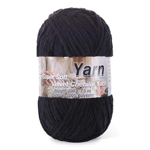Image of Chunky Chenille Yarn for Baby Blanket Yarn for Crocheting - 7.05oz Super Soft Chenille Plush Yarn - Bulk Thick Yarns Used for Making Scarves, Blankets, Stuffed Animals, DIY Craft (Black)