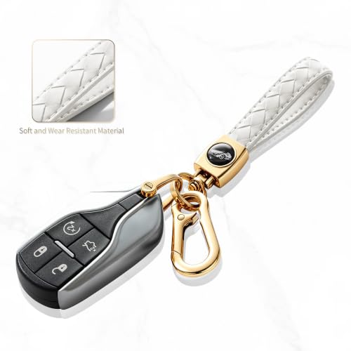 Image of Gkeygo Carabiner Keychain, Universal Heavy Duty Woven Handmade Leather Key Chain, Car Fob Key Keychains with 360 Degree Rotatable Snap Swivel and Anti-Lost D-Ring for Men and Women,Light Gold - White