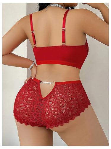 Image of MakeMeChic Women's Plus Size Lingerie Sets Contrast Lace Cut Out Wireless Bra and Panty Set