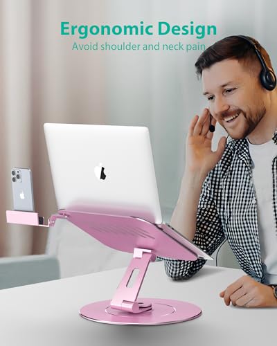 Image of NTMY 360 Rotating Laptop Stand with Phone Holder,Laptop Stand for Desk Adjustable Height Foldable,【Largest Base】 Aluminum Laptop Riser Fits MacBook, Dell, HP, Acer,Lenovo,(10-17.3'')-Pink