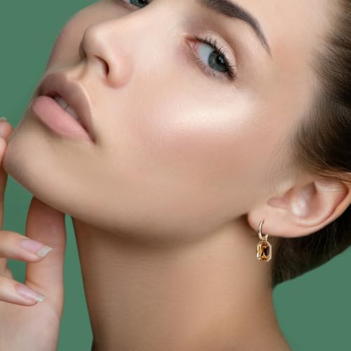 Gold Hoop Dangle Earrings - Brown Gemstone Crystal Drop Earrings, Hypoallergenic Vintage Hoop Earrings for Formal & Daily Wear2
