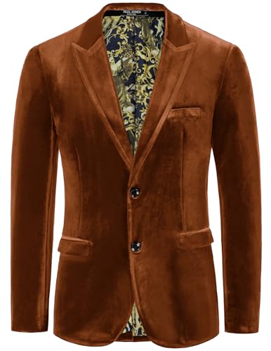 PJ PAUL JONES Velvet Blazer for MenSlim Fit Solid Suit Jacket Two Button Sport Coat Dinner Prom Brown M