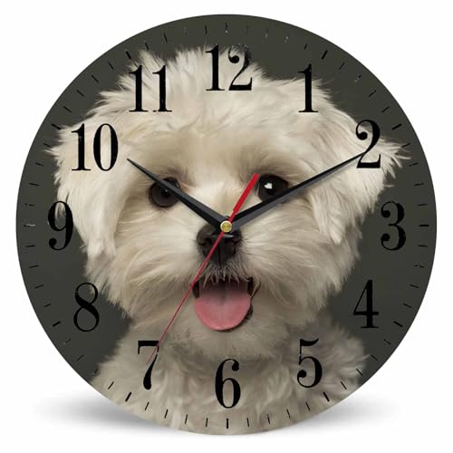 Mxocom Dog Face Wall Clock Maltese Puppy Panting Looking at The Camera Closeup 10 Inch Silent Non Ticking Battery Operated Clock Vintage Round Clock for Living Room Bedroom Bathroom Office Decor