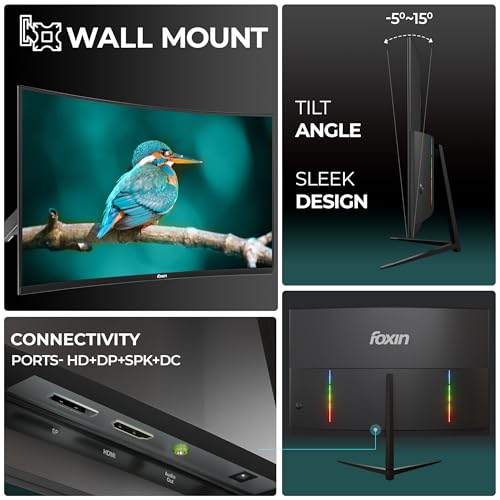 Image of Foxin Phantom 32 inch (80 cm) 1800R Curved Gaming Monitor, FHD 1920x1080p, 180Hz, 1ms, Adaptive Sync | 99% sRGB | DP, HDMI & DC Ports | RGB Backlight, Built-in Speakers | Wall Mountable | Black