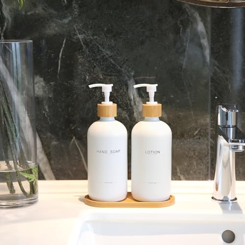 Image of Bathroom Soap Dispenser Set, Bamboo Pumps & Tray, Lotion Dispenser, and Hand Soap Dispenser Bathroom Counter Decor. (White)