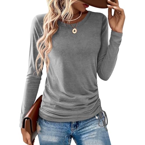AIZHINENG Womens Long Sleeve Shirts Crewneck Tops Casual Fall Spring Trendy T-Shirts Outfits Clothes 2025 Gray