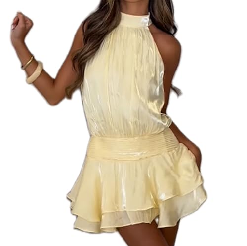 Image of Women's 2026 Summer Halter Dress Sleeveless Open Back Ruffle Tiered Layered Chiffon Pleated A Line Swing Mini Dress