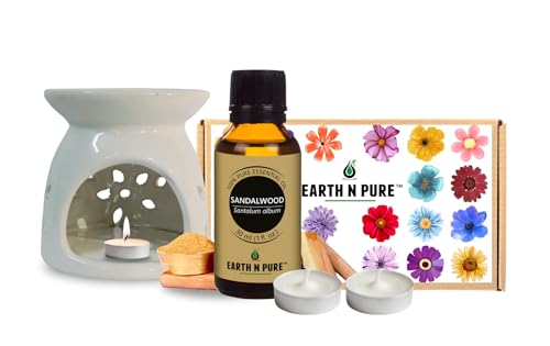 Image of Earth N Pure Diffuser Gift Set | Pack of - 1 Sandalwood Essential Oil Therapeutic Grade - 30ml, 1 Ceramic Aroma Diffuser /Burner, 2 Tealight Candles | for Home Decor