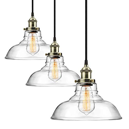 3-Pack Pro 1-Licht Industrial Edison Vintage Hängelampe, Höhenverstellbares Glas Pendelleuchte, Antik Messing gebürstet E27 Sockel, Perfekt für Küche, Esszimmer, Deckenleuchte Kronleuchter Fixture Cover