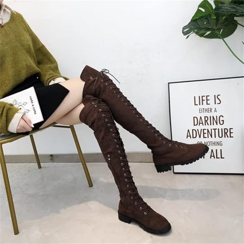 SACFOF Women's Over The Knee Low Heel Lace Up Tall Boots Thigh High Combat Casual Faux Suede Thigh High Riding Boots3
