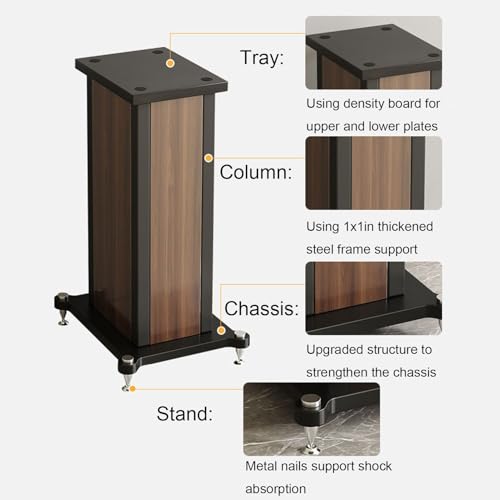 Coppia di supporti universali per altoparlanti, robusti supporti audio per libreria e pavimento per home theater, riempimento centrale in sabbia con finitura in noce, 28 x 22 x 60 cm