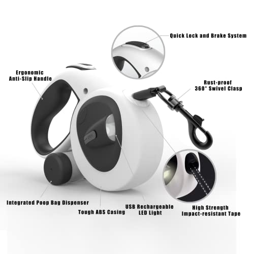 HCY&WLD Upgrade 4-in-1 Retractable Dog Leash with LED Light & Dispenser & Poop Bags, 16 ft Heavy Duty Dog Leash with Anti-Slip Handle for Dogs up to 66 lbs, 360° Tangle-Free, One Button Brake & Lock - Image 3
