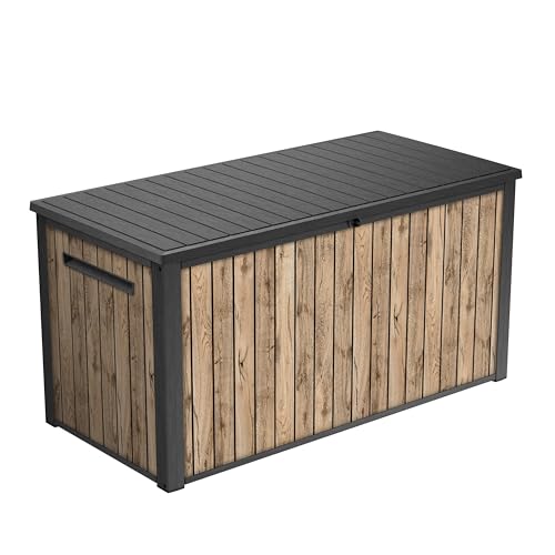 Keter Sierra 643L - Caja de jardín (155 x 73 x 69 cm, plástico con aspecto de madera de pino), tapa con resortes de gas, se puede cerrar