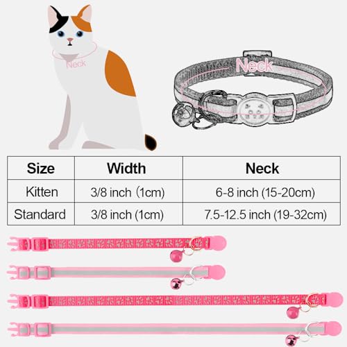 Image of Taglory Reflective Cat Collar with Bell and Safety Release, 2-Pack Girl Boy Pet Kitten Collars Adjustable 15-20 cm for 2-6 Months Cat, Pink