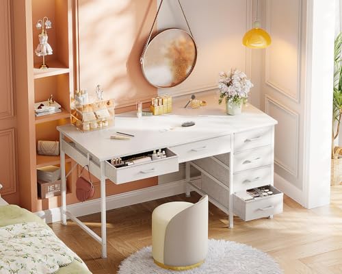 Coleshome Schreibtisch mit 6 Schubladen, 120 x 48 cm Schreibtisch Weiß mit Stauraum, Umkehrbarer Kleiner Tisch mit Kopfhörerhaken für Home Office