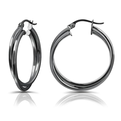 Hoops & Loops 925 Sterling Silver Intertwined Round Hoop Earrings for Women, Two-Tone Layered Trendy Double Square-Tube Hypoallergenic Click-Top Hoops, 20mm, 25mm, 35mm Silver, 14k Yellow Gold, Rose Gold, Black Flash Plated