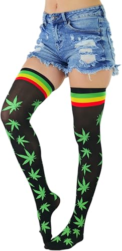 Image of ToBeInStyle Women's Thigh High Stockings Bodystocking Tights Medicinal Cannabis Marijuana Weed Leaf Print Festival Hosiery