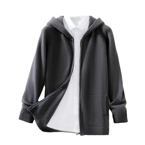 Men Merino Wool Sweater with Hooded Business Casual Solid Color Long Sleeved Zipper Knitted Cardigan