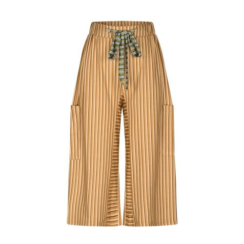 Women's Wide Leg Lounge Pants Striped High Waisted Beach Pants Casual Drawstring Y2K Capri Trouser with Pocket3