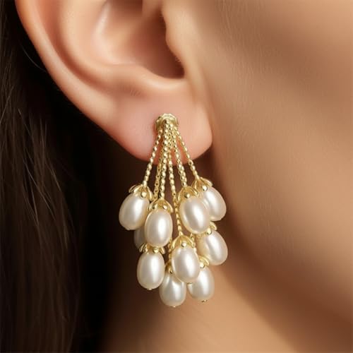 Image of ECLATS Pearl Drop Earrings, White and Gold Alloy Steel, Round Freshwater Pearls, Dangle Style, Push Back, Medium Size, Polished Finish, 2 Pieces
